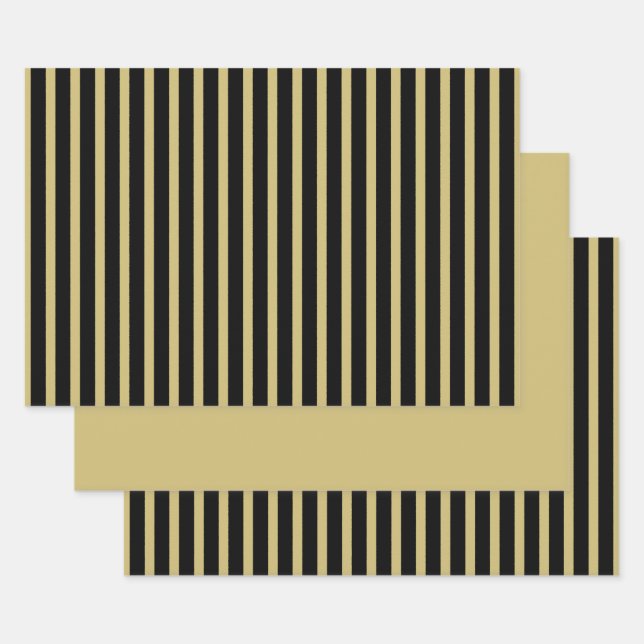 Gold Black Simple Stripes Pattern Geometric Wrapping Paper Sheet (Set)