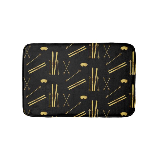 Gold Black Skis And Poles | Retro Ski Pattern  Bath Mat (Front)