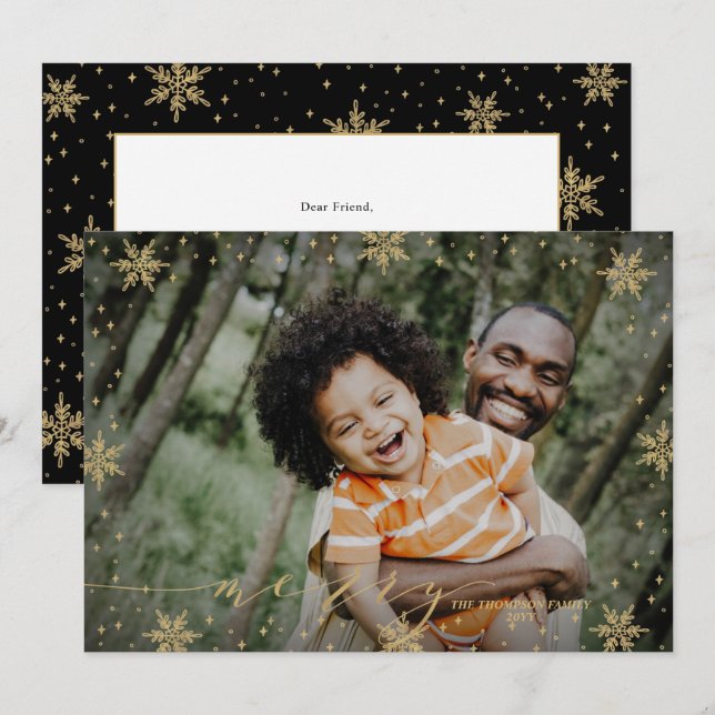 Gold & Black | Snowflakes Merry Photo Christmas Ca Card (Front/Back)