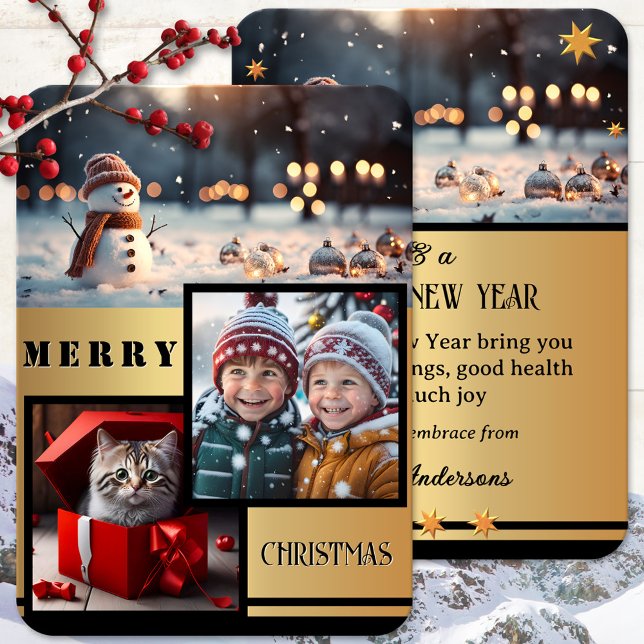 Gold Black Snowman Photo Christmas Holiday Card (Elegant Christmas Holidays card featuring 2 custom photos on a gold and black snowman design)