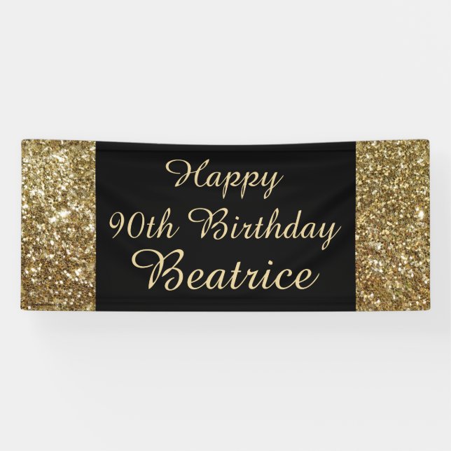 Gold/Black Sparkle 90th Birthday Party Banner (Horizontal)