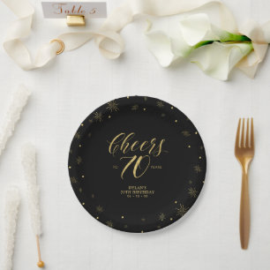 Gold & Black Sparkle Cheers 70th Birthday Paper Plate