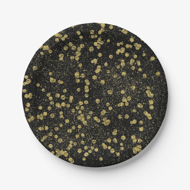 Gold Black Sparkle Confetti Dots Paper Plate (Front)