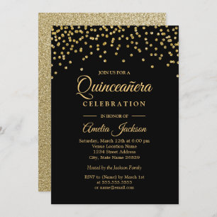 Gold Black Sparkle Confetti Quinceanera Invitation