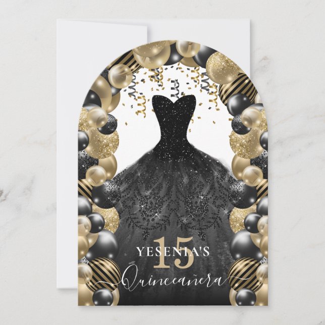 Gold Black Sparkle Dress Quinceanera Balloon Invitation (Front)