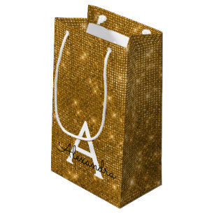 Gold & Black Sparkle Monogram - Add Your Name Small Gift Bag