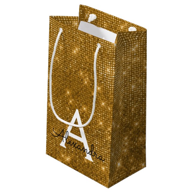 Gold & Black Sparkle Monogram - Add Your Name Small Gift Bag (Back Angled)