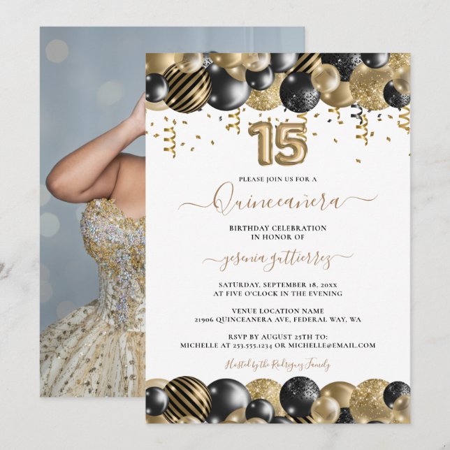 Gold Black Sparkle Photo Quinceanera Balloon Invitation (Front/Back)