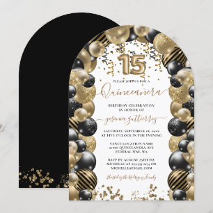 Gold Black Sparkle Quinceanera Balloon Invitation