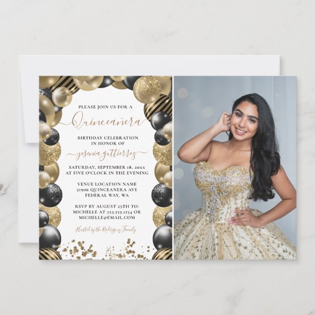 Gold Black Sparkle Quinceanera Balloon Photo Invit Invitation (Front)