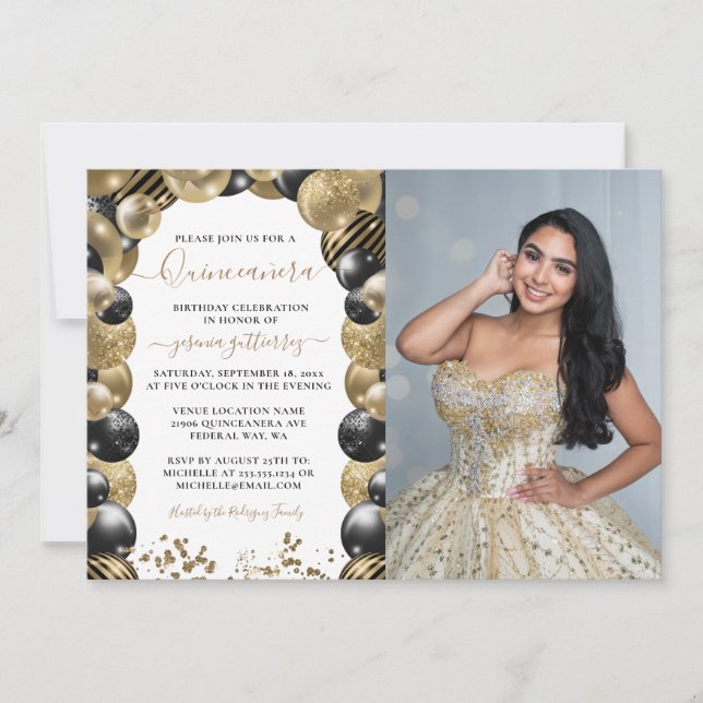 Gold Black Sparkle Quinceanera Balloon Photo Invitation (Front)