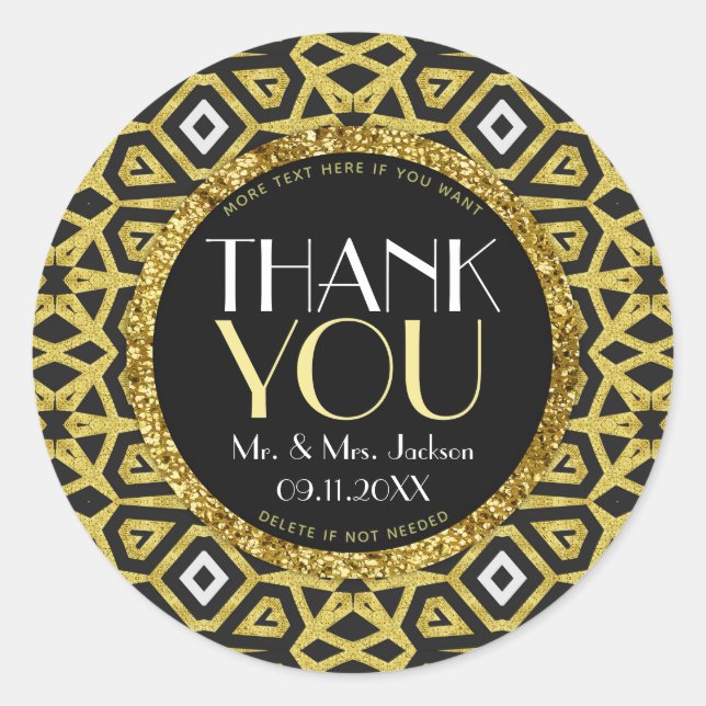 Gold Black Sparkle  Thank You Classic Round Sticker (Front)