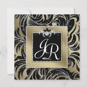 Gold Black Sparkle Wedding Leaf Floral Invitation