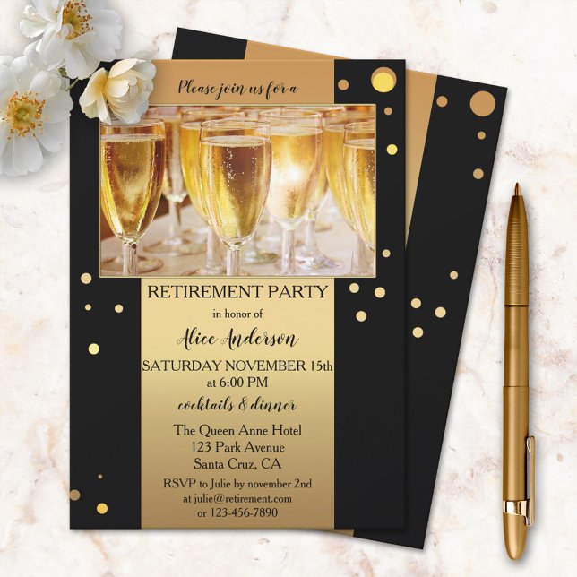 Gold Black Sparkling Confetti Photo Retirement  Invitation (Creator Uploaded)