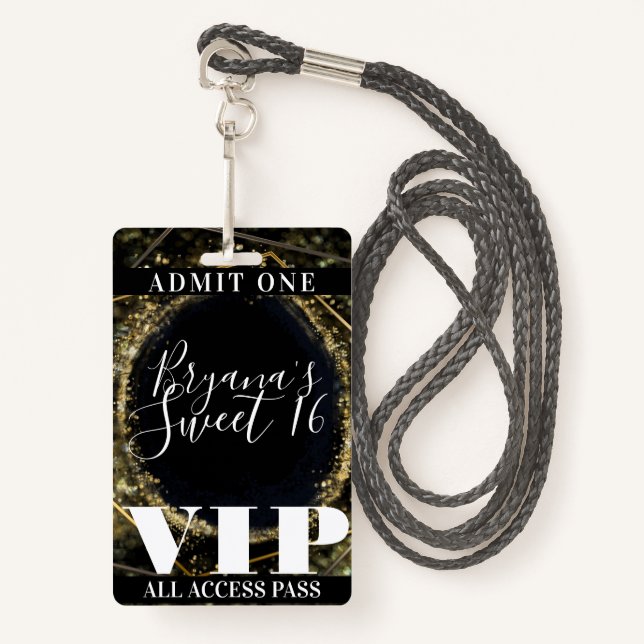 Gold Black Sparkling Lights Glam Sweet 16 VIP Pass ID Badge (Front with Lanyard)