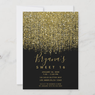 Gold & Black Sparkly Glitter Sweet 16 Party Invitation