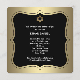 Gold Black Star of David Bar Mitzvah Invitation