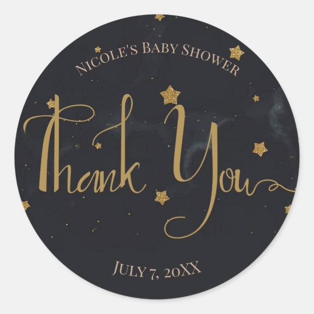 Gold Black Stars Dark Night Sky Baby Shower Party Classic Round Sticker (Front)