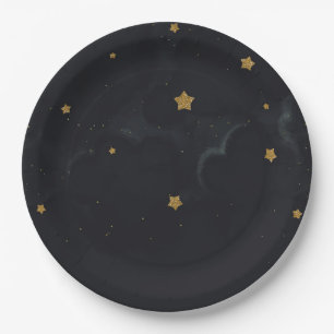 Gold Black Stars Dark Night Sky Baby Shower Party Paper Plate