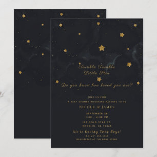 Gold Black Stars Dark Night Sky Baby Shower Twins Invitation
