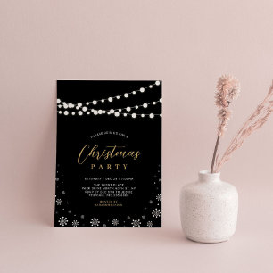Gold & Black   String Lights Christmas Party Invit Invitation