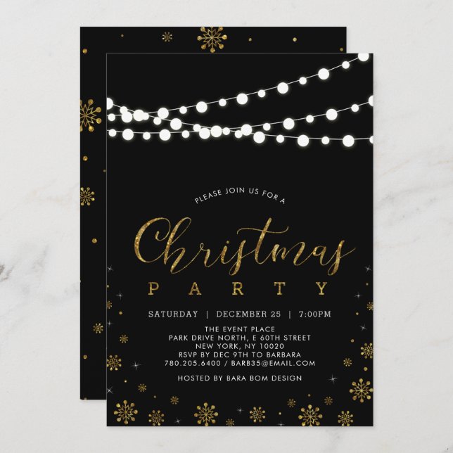 Gold & Black | String Lights Christmas Party Invitation (Front/Back)