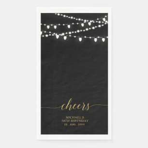 Gold Black String Lights Elegant Lettering Cheers Napkin