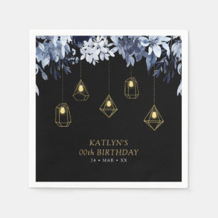 Gold & Black   String Lights Floral Birthday Party Napkin