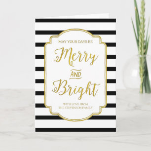 Gold Black Stripes Custom Merry & Bright Christmas Holiday Card