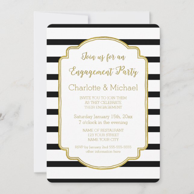 Gold Black Stripes Engagement Party Invitation (Front)