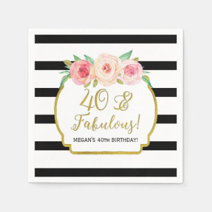 Gold Black Stripes Flowers 40 & Fabulous Birthday Napkin