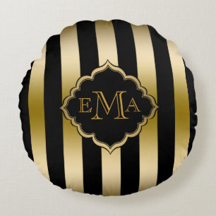 Gold & Black Stripes Geometric Pattern Round Cushion