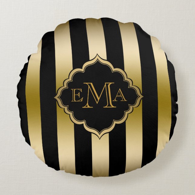 Gold & Black Stripes Geometric Pattern Round Cushion (Front)