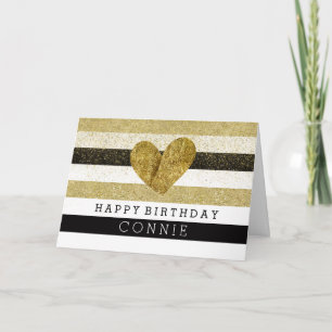 Gold Black Stripes Gold Heart Birthday Card