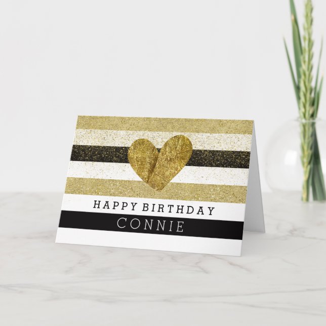 Gold Black Stripes Gold Heart Birthday Card (Front)
