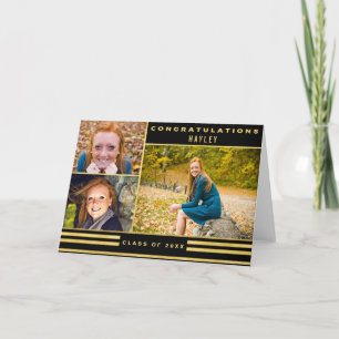 Gold Black Stripes Graduation 3 Photo Card