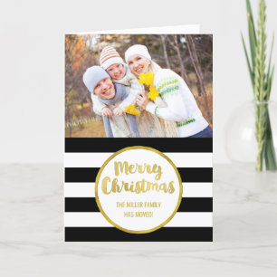 Gold Black Stripes Merry Christmas New Address Holiday Card