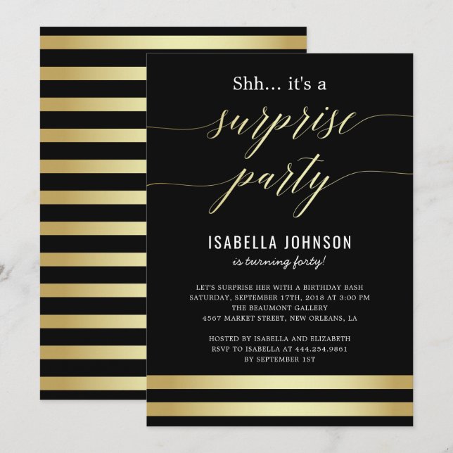 Gold & Black Stripes Shh... It's A Surprise Party Invitation (Front/Back)