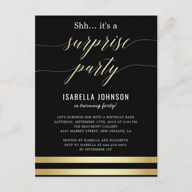 Gold & Black Stripes Shh... It's A Surprise Party Invitation Postcard (Front)