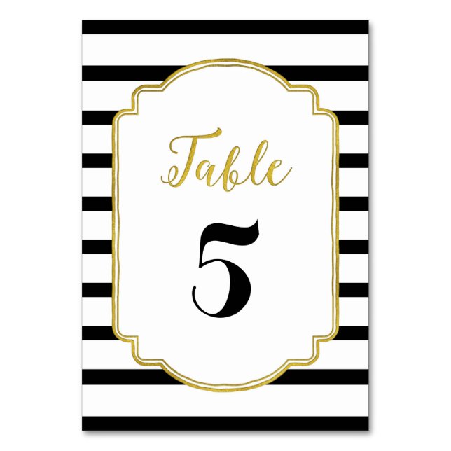 Gold Black Stripes Wedding Table Number Cards (Front)