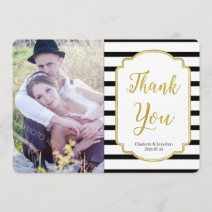 Gold Black Stripes Wedding Thank You Photo Cards