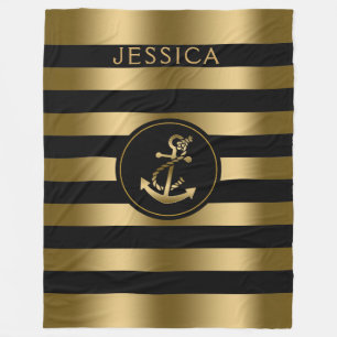 Gold & Black Stripes With Gold Nautical Anchor Fleece Blanket