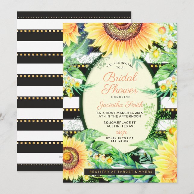 Gold Black Stripes Yellow Sunflowers Bridal Shower Invitation (Front/Back)