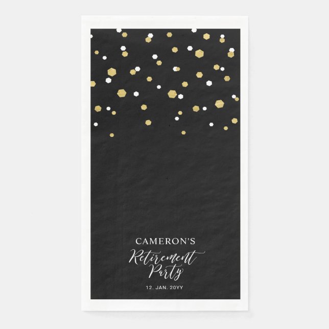 Gold & Black Stylish Confetti Retirement Party Napkin (Front)