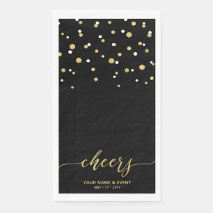 Gold Black Stylish Script Confetti Cheers Party Napkin