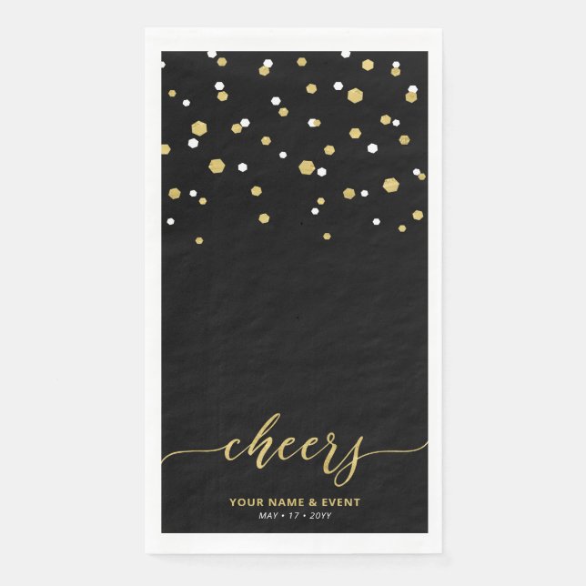 Gold Black Stylish Script Confetti Cheers Party Napkin (Front)