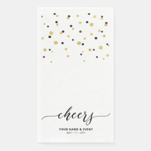Gold & Black Stylish Script Confetti Cheers Party Napkin