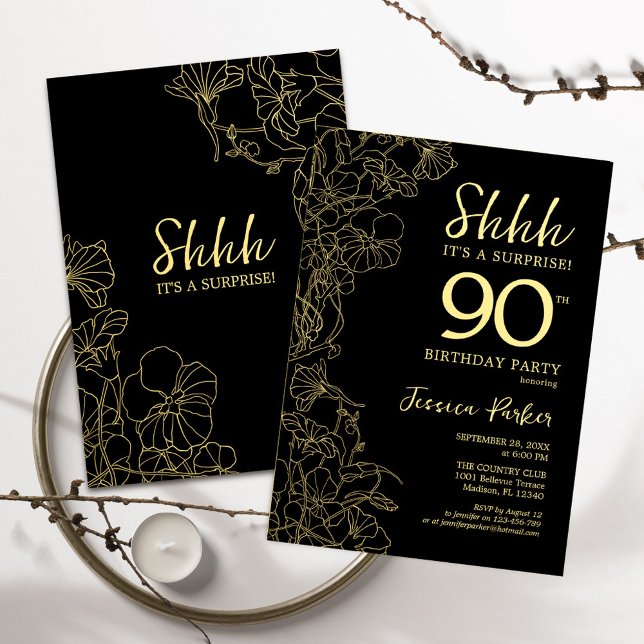 Gold Black Surprise 90th Birthday Invitation (Creator Uploaded)