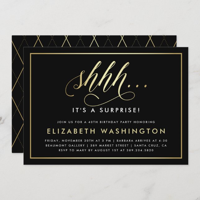 Gold & Black Surprise Birthday Party Invitation (Front/Back)