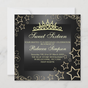 Gold/Black Sweet16 Star & Tiara Birthday Invite